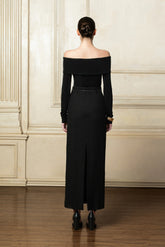 Off-Shoulder Knit Top with Long Sleeves and Folded Neckline in Viscose Blend